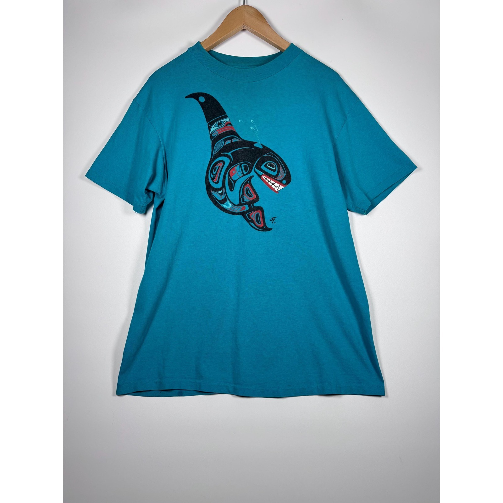 Vintage Orca Whale T Shirt Mens Large Teal Pnw Northwest Coast Style 1988 Artist